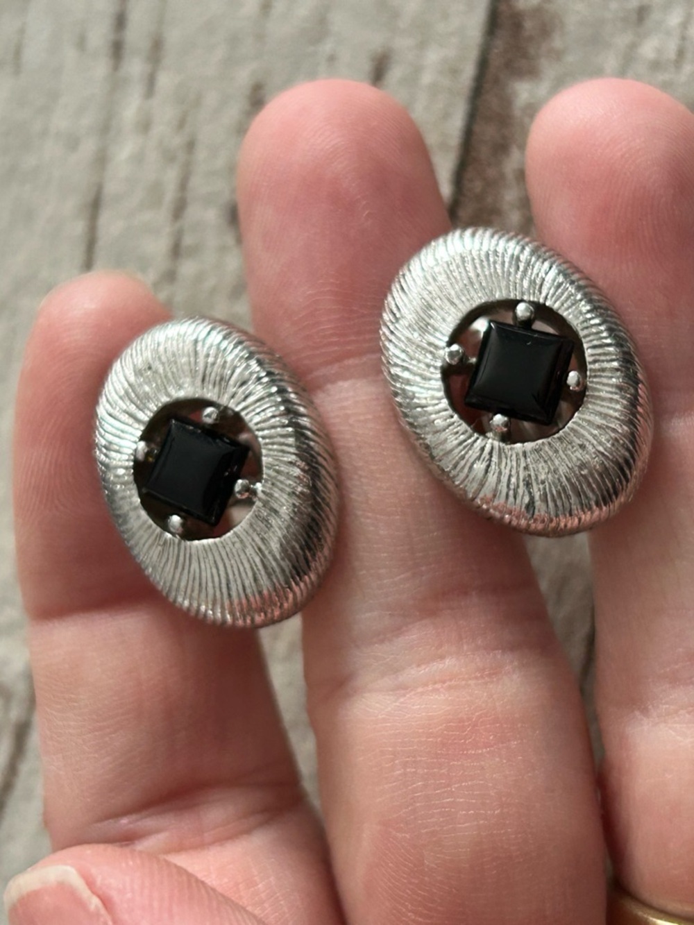 4/$100 Silver Tone Oval Earrings with Black Square Stone